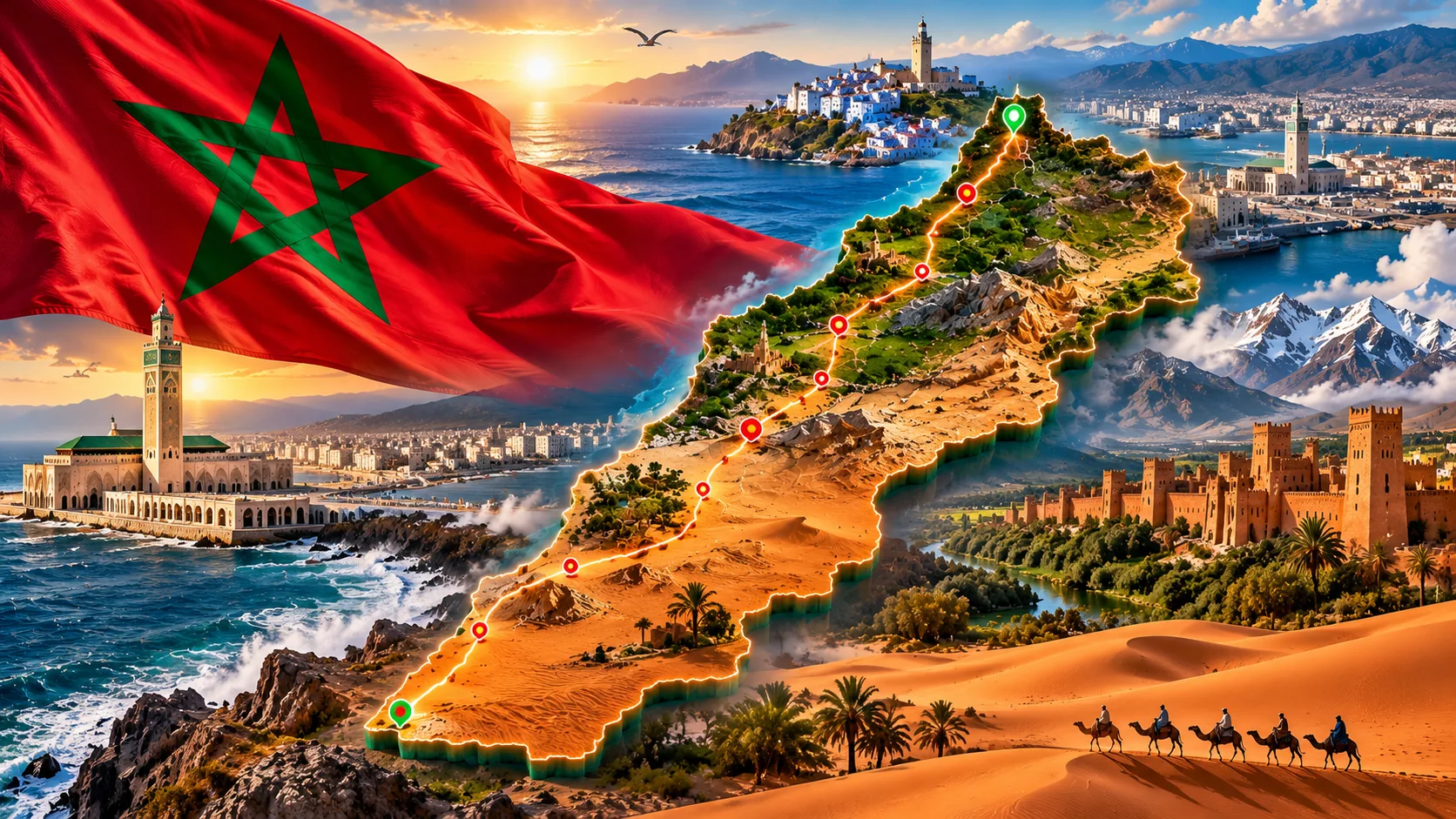 Carte du Maroc et drapeau marocain avec points de localisation